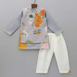 Discount Foral Printed Attached Flap Colour Block Kurta With Pyjama BOY Twinning Sets | Indian Ethnic Wear