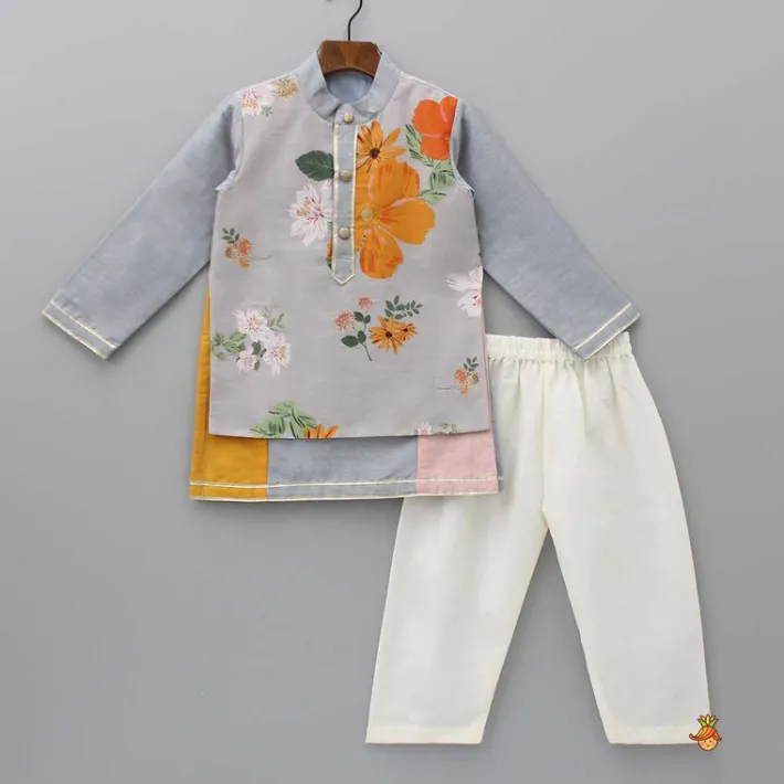 Discount Foral Printed Attached Flap Colour Block Kurta With Pyjama BOY Twinning Sets | Indian Ethnic Wear