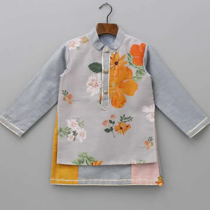 Discount Foral Printed Attached Flap Colour Block Kurta With Pyjama BOY Twinning Sets | Indian Ethnic Wear