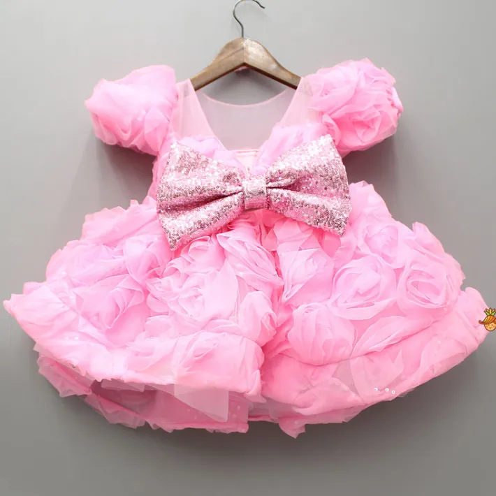 Best Frilly Pink Dress With Detachable Bow And Matching Swirled Headbow Dresses & Sets | Dresses