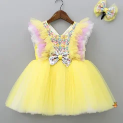 Best Frilly Sequin Work Yellow Dress With Matching Hair Clip Dresses & Sets | Dresses