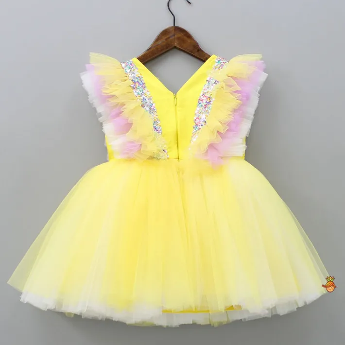 Best Frilly Sequin Work Yellow Dress With Matching Hair Clip Dresses & Sets | Dresses
