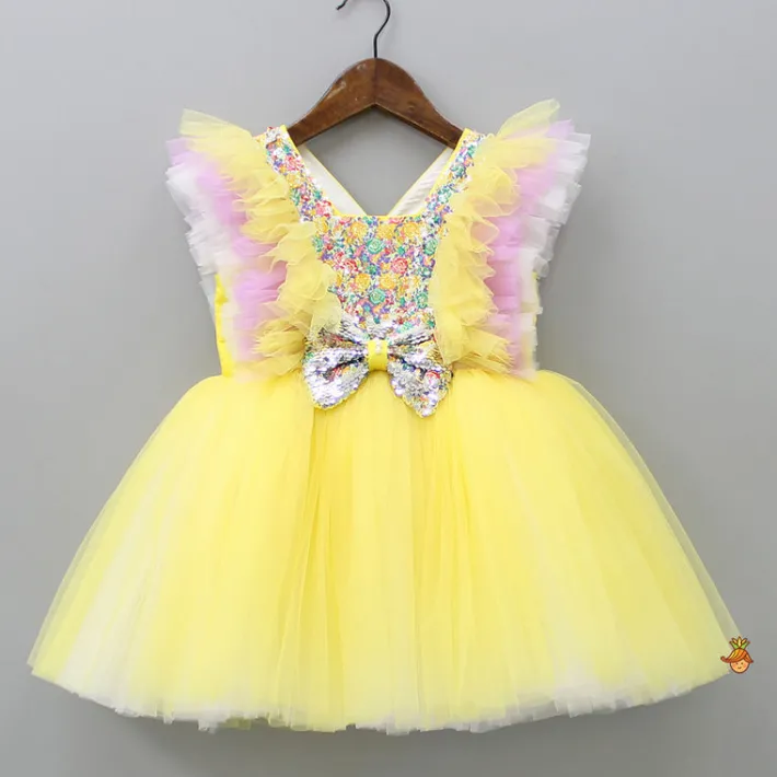 Best Frilly Sequin Work Yellow Dress With Matching Hair Clip Dresses & Sets | Dresses
