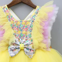 Best Frilly Sequin Work Yellow Dress With Matching Hair Clip Dresses & Sets | Dresses