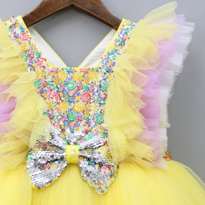 Best Frilly Sequin Work Yellow Dress With Matching Hair Clip Dresses & Sets | Dresses