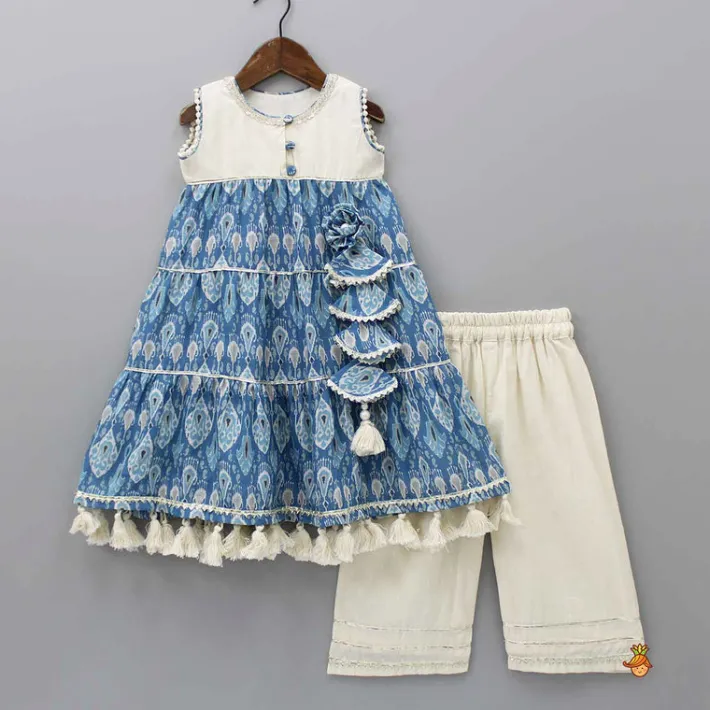 Discount Fringed Hem Flared Dual Tone Kurti And Off White Palazzo Twinning Sets | Ethnic Wear