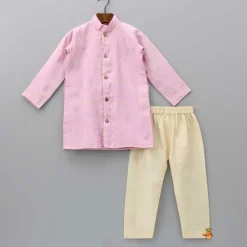 Best Front Open Booti Embroidered Pink Kurta And Beige Pyjama BOY Twinning Sets | Indian Ethnic Wear
