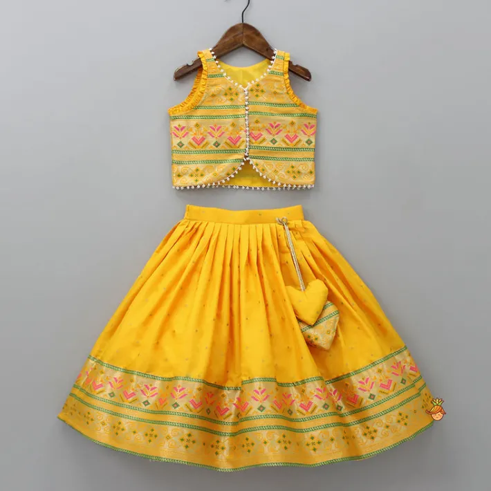 New Front Open Brocade Mustard Top And Lehenga Ethnic Wear | Lehengas & Ghagras