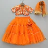 Sale Front Open Embroidered Orange Top And Tiered Net Lehenga With Fringes Dupatta Ethnic Wear | Lehengas & Ghagras