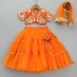 Sale Front Open Embroidered Orange Top And Tiered Net Lehenga With Fringes Dupatta Ethnic Wear | Lehengas & Ghagras
