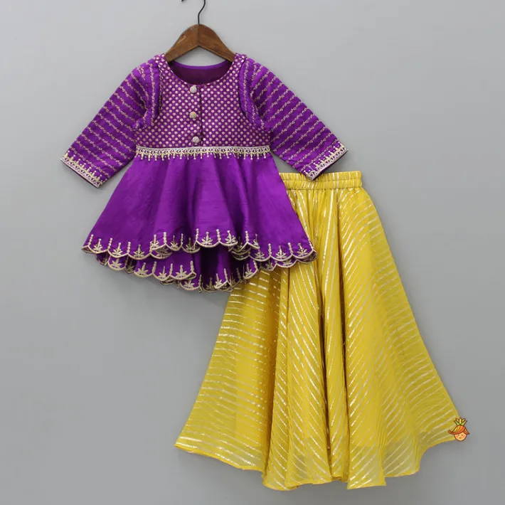 Online Front Open Purple High Low Top And Lurex Striped Palazzo Ethnic Wear | Palazzos & Shararas