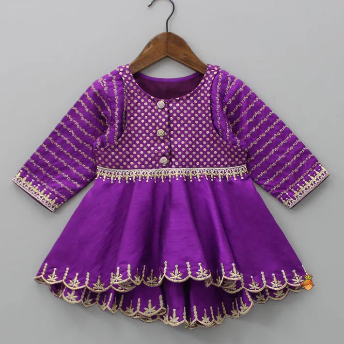 Online Front Open Purple High Low Top And Lurex Striped Palazzo Ethnic Wear | Palazzos & Shararas