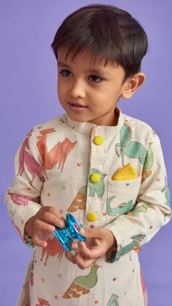 Clearance Front Placket Embroidered Kurta And Mustard Pyjama BOY Indian Ethnic Wear | Ethnic Sets