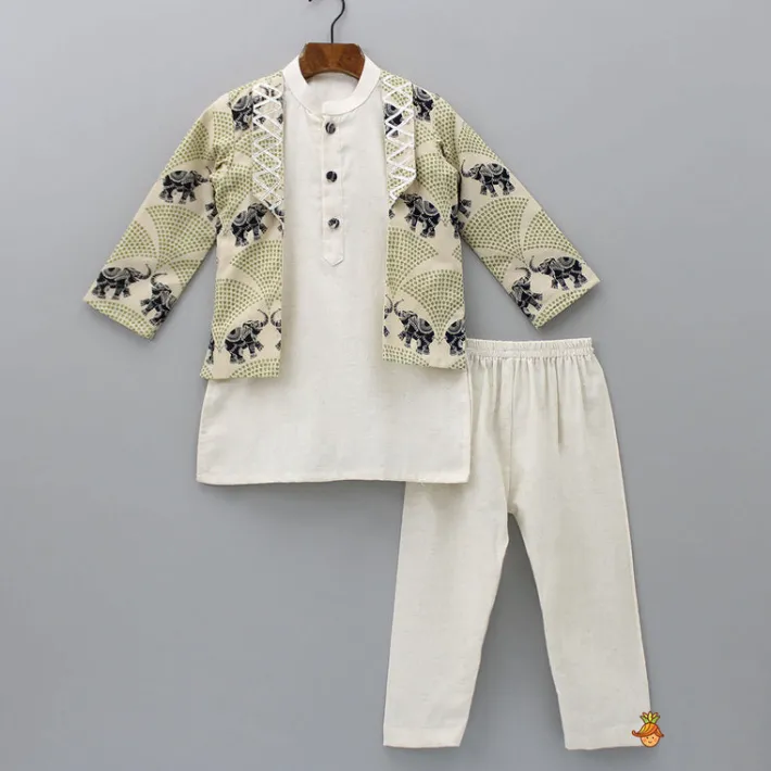 Clearance Front Placket Kurta With Gota Lace Work Beige Jacket And Pyjama BOY Indian Ethnic Wear | Ethnic Sets