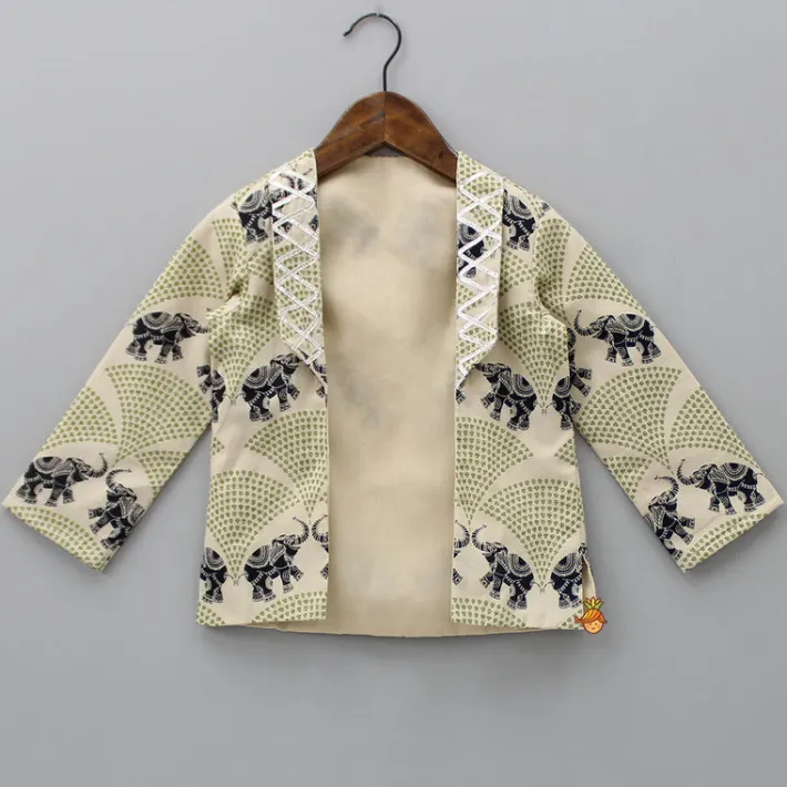 Clearance Front Placket Kurta With Gota Lace Work Beige Jacket And Pyjama BOY Indian Ethnic Wear | Ethnic Sets