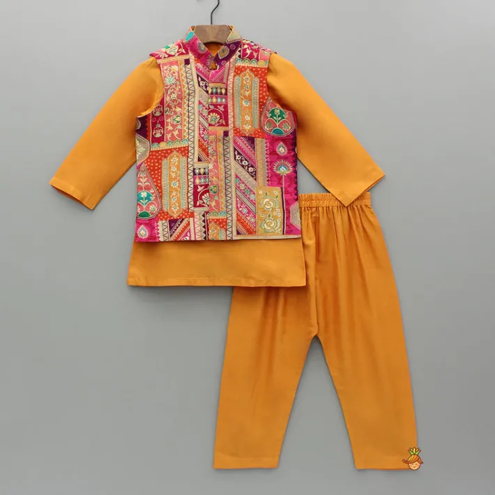 Fashion Front Placket Orange Kurta With Cotton Silk Multicolour Brocade Jacket And Pyjama BOY Indian Ethnic Wear | Ethnic Sets
