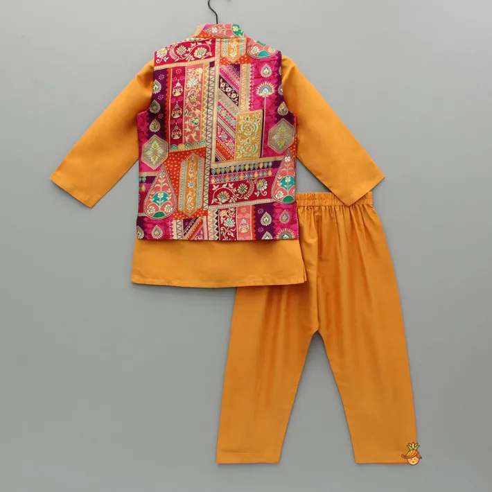 Fashion Front Placket Orange Kurta With Cotton Silk Multicolour Brocade Jacket And Pyjama BOY Indian Ethnic Wear | Ethnic Sets