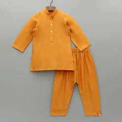 Fashion Front Placket Orange Kurta With Cotton Silk Multicolour Brocade Jacket And Pyjama BOY Indian Ethnic Wear | Ethnic Sets