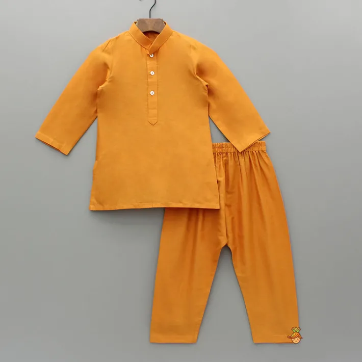 Fashion Front Placket Orange Kurta With Cotton Silk Multicolour Brocade Jacket And Pyjama BOY Indian Ethnic Wear | Ethnic Sets