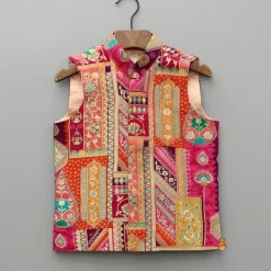 Fashion Front Placket Orange Kurta With Cotton Silk Multicolour Brocade Jacket And Pyjama BOY Indian Ethnic Wear | Ethnic Sets