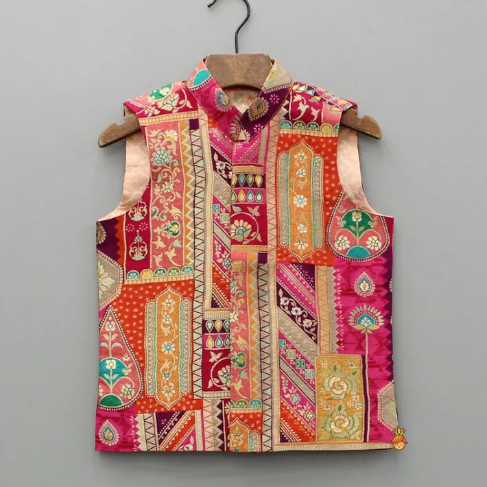 Fashion Front Placket Orange Kurta With Cotton Silk Multicolour Brocade Jacket And Pyjama BOY Indian Ethnic Wear | Ethnic Sets