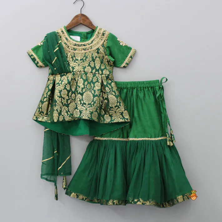 Sale Front Slit Brocade Green High Low Kurti With Attached Dupatta And Net Sharara Twinning Sets | Ethnic Wear