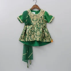 Sale Front Slit Brocade Green High Low Kurti With Attached Dupatta And Net Sharara Twinning Sets | Ethnic Wear