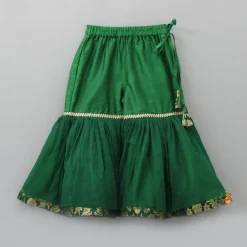Sale Front Slit Brocade Green High Low Kurti With Attached Dupatta And Net Sharara Twinning Sets | Ethnic Wear