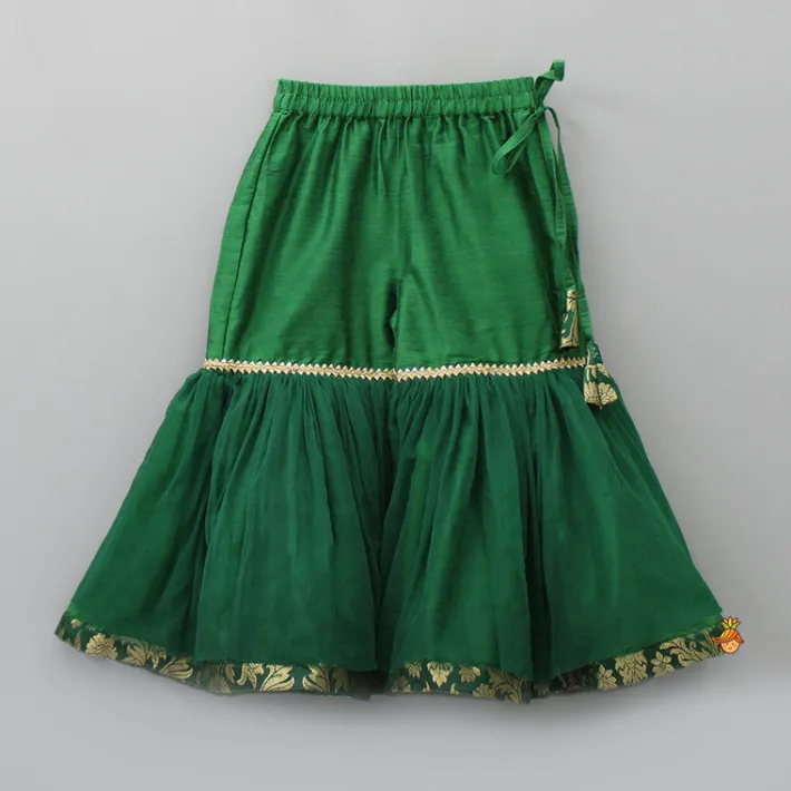 Sale Front Slit Brocade Green High Low Kurti With Attached Dupatta And Net Sharara Twinning Sets | Ethnic Wear