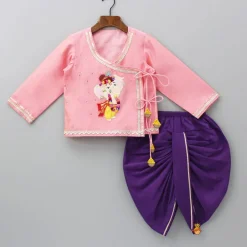 Online Ganesh Embroidered Angarkha Style Peach Kurta And Dhoti BOY Indian Ethnic Wear | Ethnic Sets