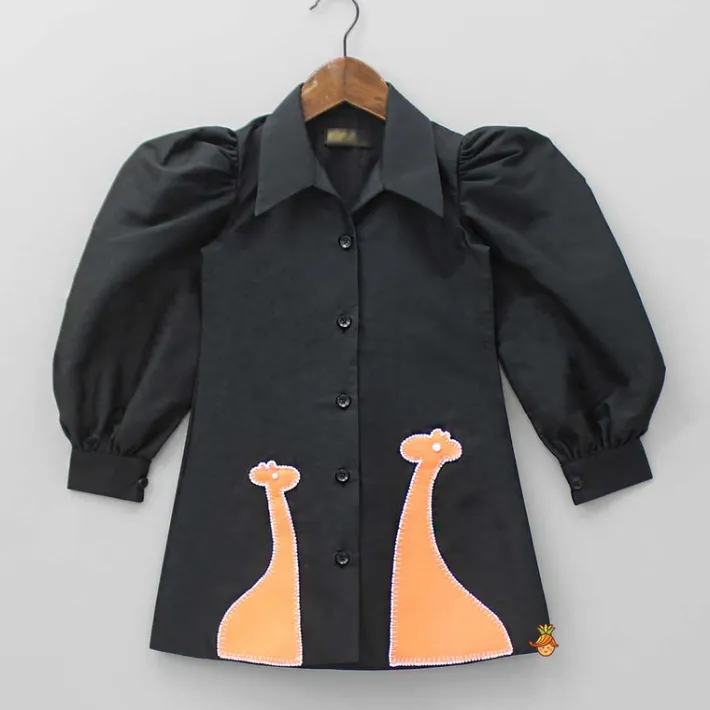 Best Giraffe Embroidered Black Collared Neck Dress Dresses & Sets | Dresses