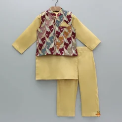 Fashion Golden Kurta With Multicolor Brocade Jacket And Pyjama BOY Indian Ethnic Wear | Ethnic Sets