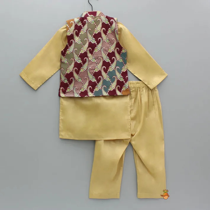 Fashion Golden Kurta With Multicolor Brocade Jacket And Pyjama BOY Indian Ethnic Wear | Ethnic Sets