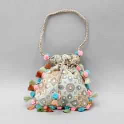 Hot Gorgeous Faux Mirror Work Pom Poms And Fringed Detailed Potli Bag Bags