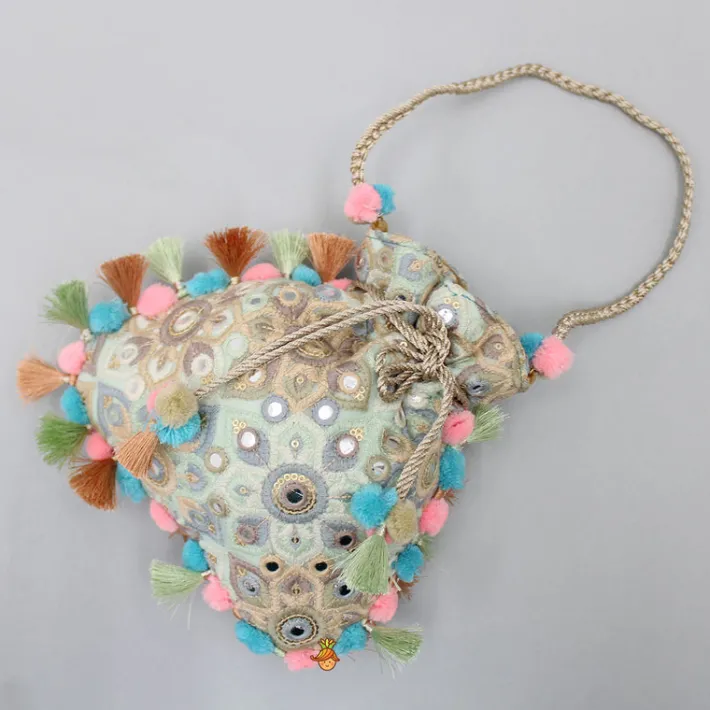 Hot Gorgeous Faux Mirror Work Pom Poms And Fringed Detailed Potli Bag Bags