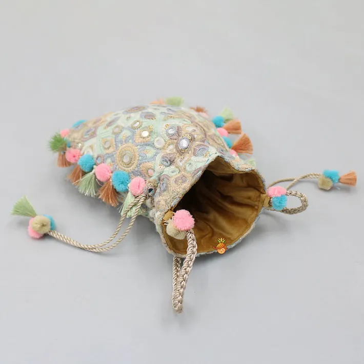 Hot Gorgeous Faux Mirror Work Pom Poms And Fringed Detailed Potli Bag Bags
