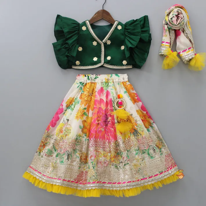 Hot Gota Floral Work Front Open Green Top And Printed Lehenga With Dupatta Ethnic Wear | Lehengas & Ghagras