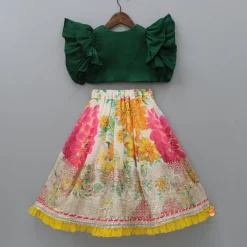 Hot Gota Floral Work Front Open Green Top And Printed Lehenga With Dupatta Ethnic Wear | Lehengas & Ghagras
