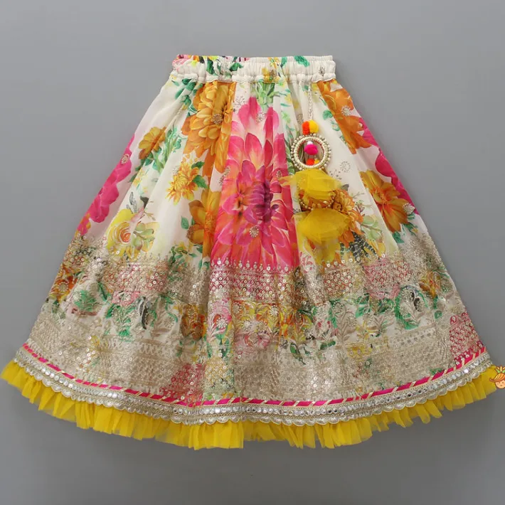 Hot Gota Floral Work Front Open Green Top And Printed Lehenga With Dupatta Ethnic Wear | Lehengas & Ghagras