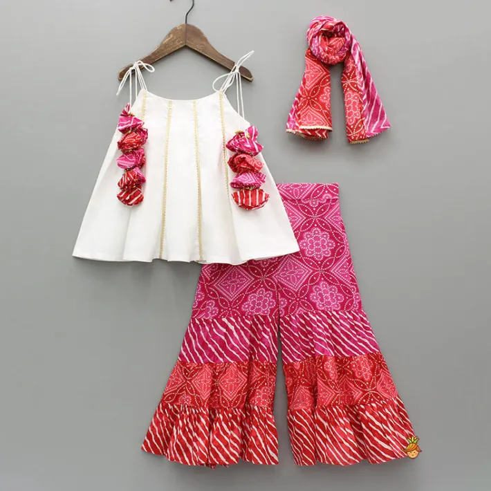 Online Gota Lace Detail Tie Up Top And Printed Sharara With Matching Dupatta Ethnic Wear | Palazzos & Shararas