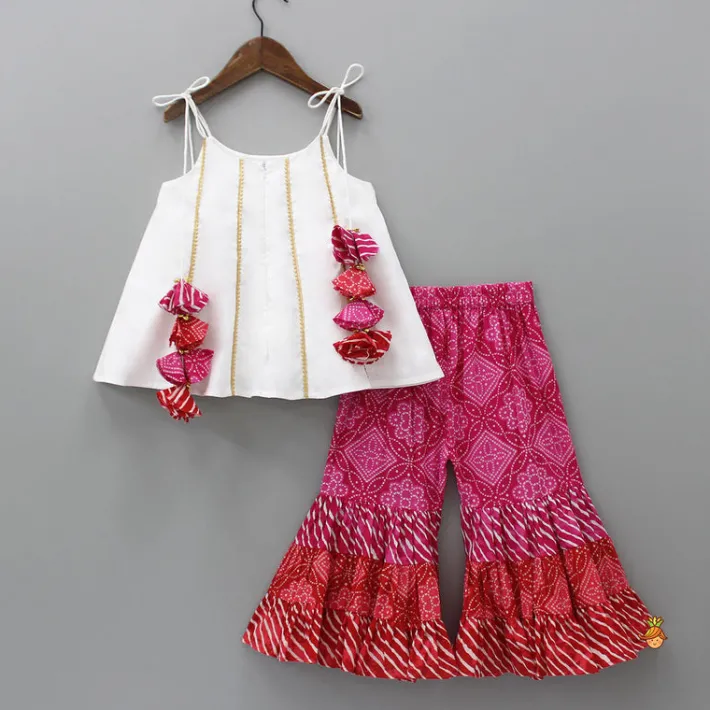 New Gota Lace Detail Tie Up Top And Printed Sharara With Matching Dupatta Ethnic Wear | Palazzos & Shararas