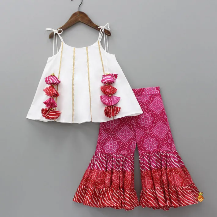 New Gota Lace Detail Tie Up Top And Printed Sharara With Matching Dupatta Ethnic Wear | Palazzos & Shararas