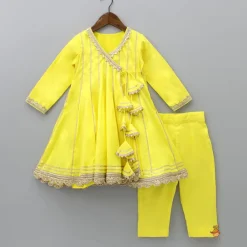 Online Gota Lace Detailed Angarkha Style Yellow Kurti And Pant Ethnic Wear | Churidars & Salwars