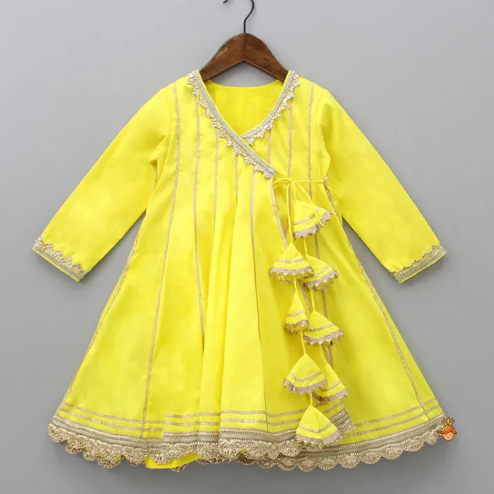 Online Gota Lace Detailed Angarkha Style Yellow Kurti And Pant Ethnic Wear | Churidars & Salwars