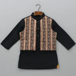 Clearance Gota Lace Detailed Jacket Style Black Kurta And Pyjama BOY Twinning Sets | Indian Ethnic Wear