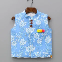 New Gota Lace Detailed Powder Blue Ethnic Kurta With Floral Printed Jacket And Pyjama BOY Indian Ethnic Wear | Ethnic Sets