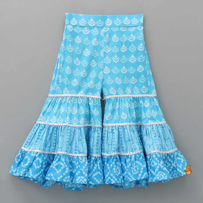 New Gota Lace Detailed Yoke Blue Top And Sharara With Stylish Net Dupatta Ethnic Wear | Palazzos & Shararas