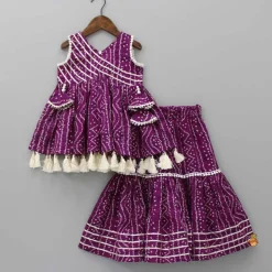 Outlet Gota Lace Work Yoke Bandhani Printed Fringes Purple Top And Sharara Ethnic Wear | Palazzos & Shararas
