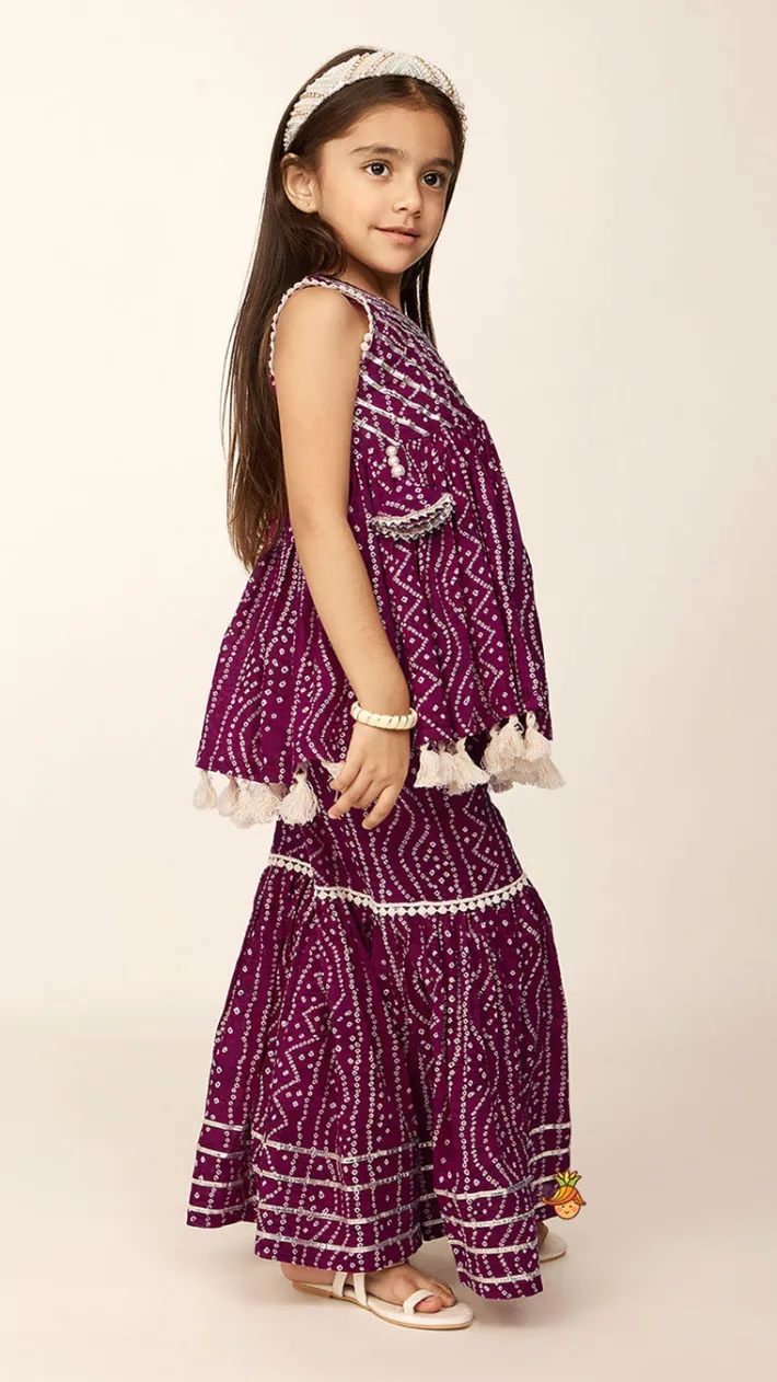 Outlet Gota Lace Work Yoke Bandhani Printed Fringes Purple Top And Sharara Ethnic Wear | Palazzos & Shararas
