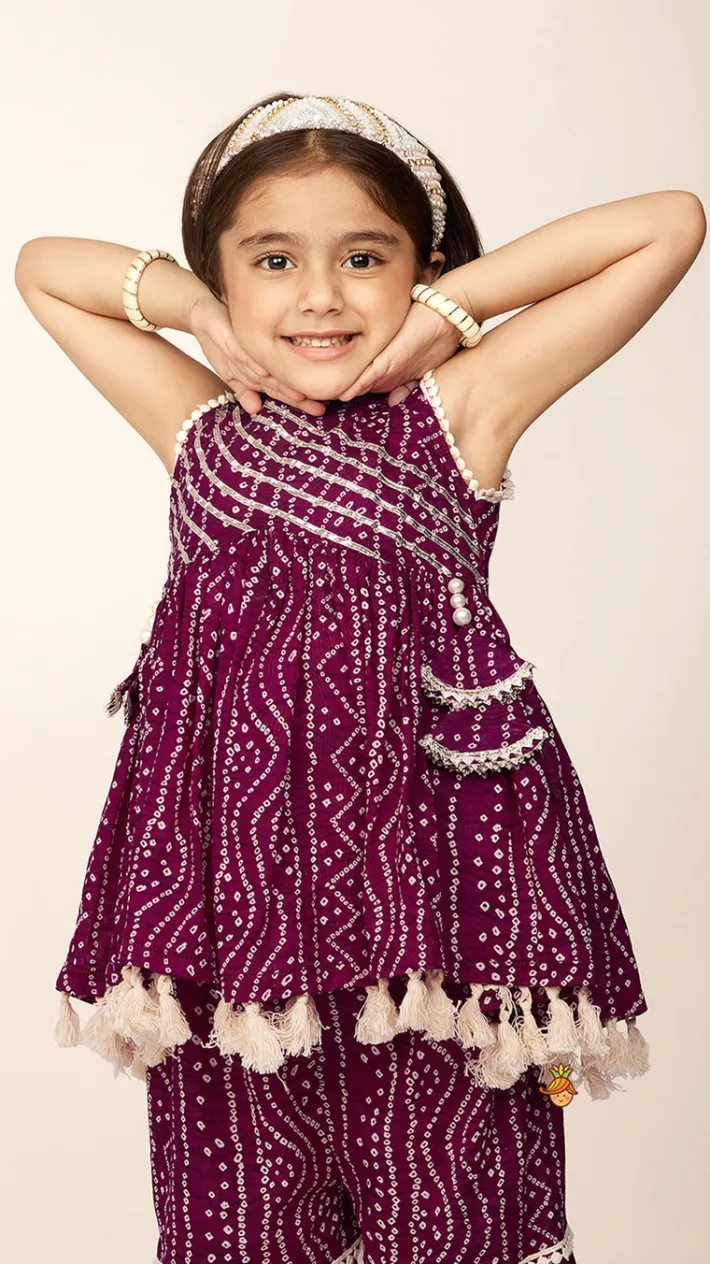 Outlet Gota Lace Work Yoke Bandhani Printed Fringes Purple Top And Sharara Ethnic Wear | Palazzos & Shararas